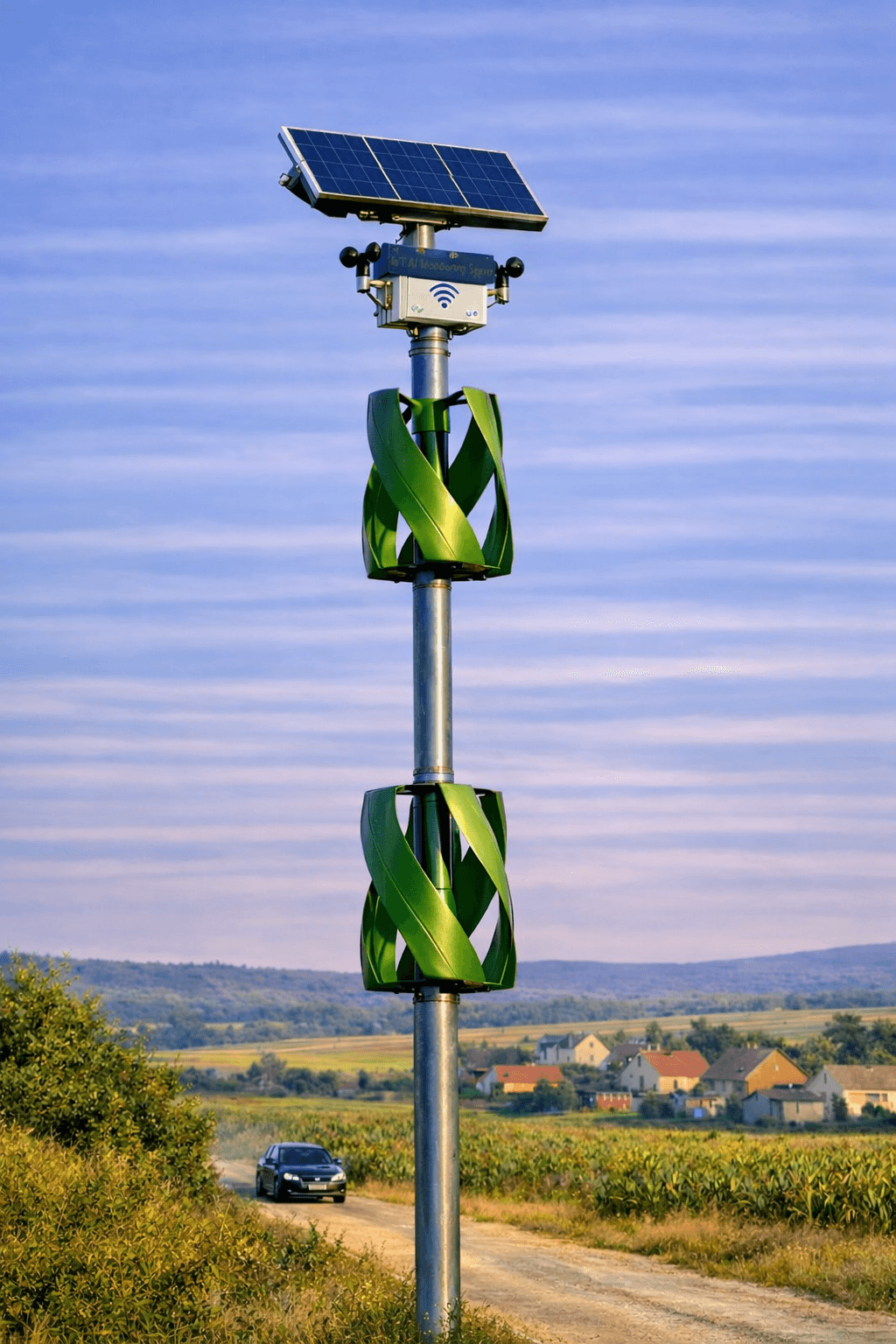 MAK Renewables Dual-Turbine Infrastructure Energy Pole — development concept featuring two vertical-axis wind turbines with solar PV